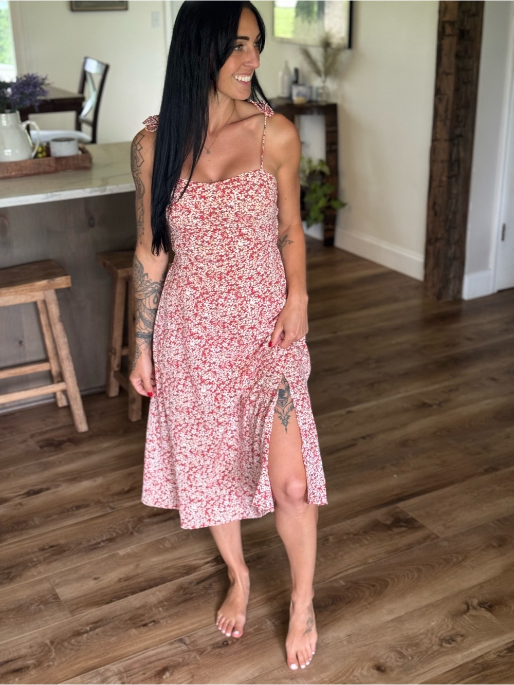 Floral Tie-Shoulder Midi Dress in Rose